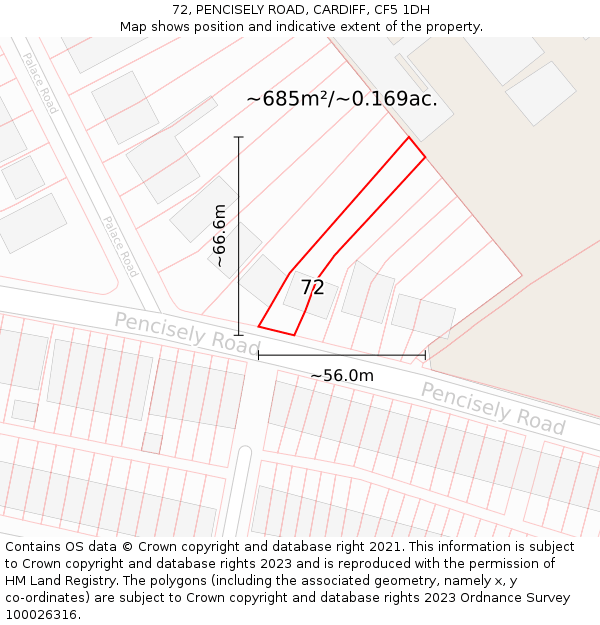 72, PENCISELY ROAD, CARDIFF, CF5 1DH: Plot and title map