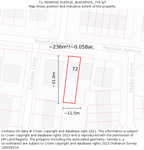 72, PENROSE AVENUE, BLACKPOOL, FY4 4JT: Plot and title map