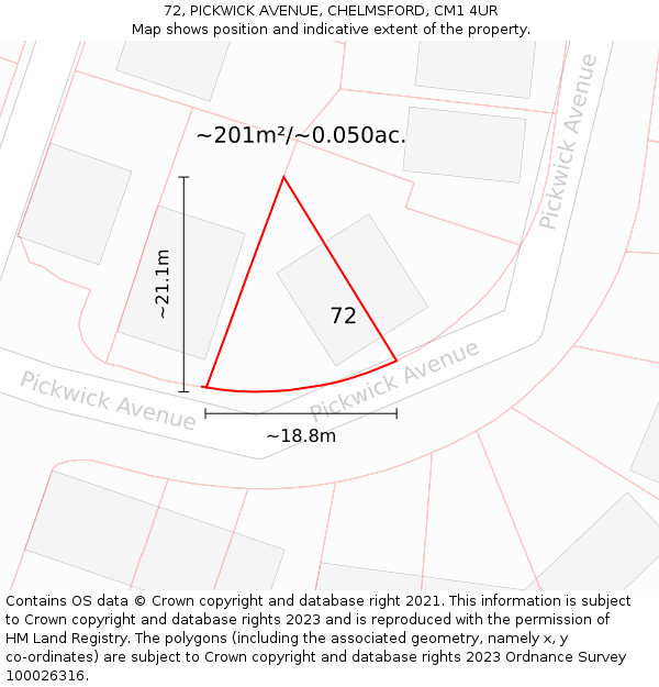 72, PICKWICK AVENUE, CHELMSFORD, CM1 4UR: Plot and title map