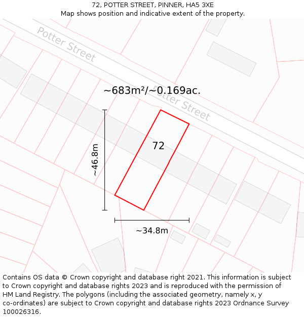 72, POTTER STREET, PINNER, HA5 3XE: Plot and title map