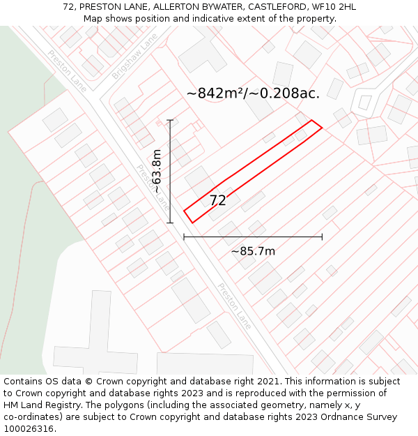 72, PRESTON LANE, ALLERTON BYWATER, CASTLEFORD, WF10 2HL: Plot and title map