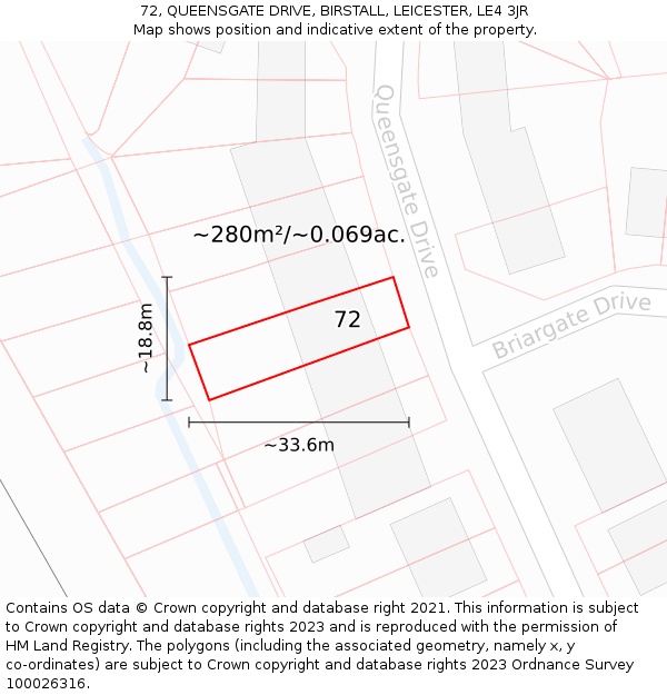 72, QUEENSGATE DRIVE, BIRSTALL, LEICESTER, LE4 3JR: Plot and title map