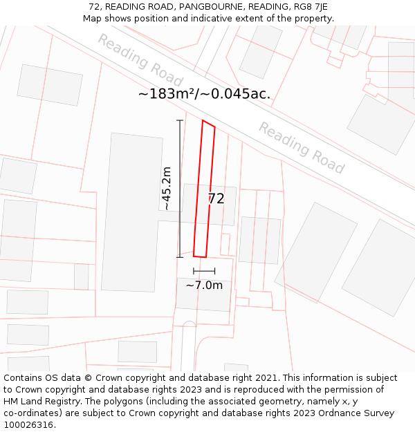 72, READING ROAD, PANGBOURNE, READING, RG8 7JE: Plot and title map