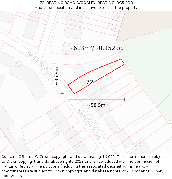 72, READING ROAD, WOODLEY, READING, RG5 3DB: Plot and title map