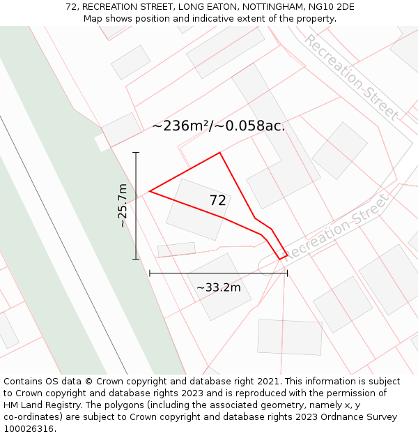 72, RECREATION STREET, LONG EATON, NOTTINGHAM, NG10 2DE: Plot and title map