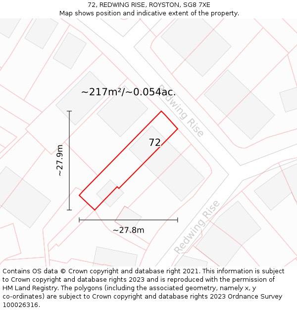 72, REDWING RISE, ROYSTON, SG8 7XE: Plot and title map