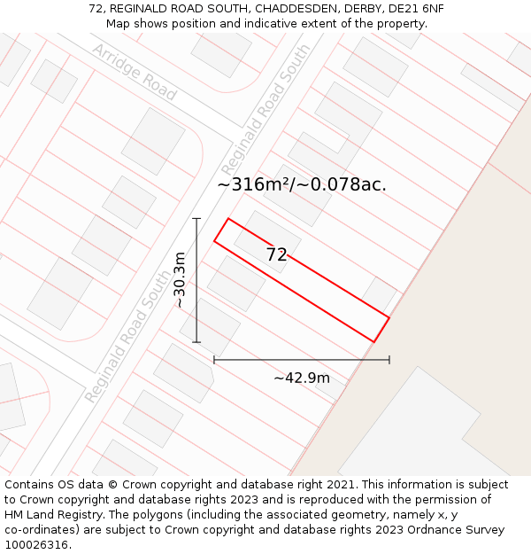 72, REGINALD ROAD SOUTH, CHADDESDEN, DERBY, DE21 6NF: Plot and title map