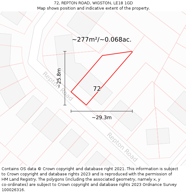 72, REPTON ROAD, WIGSTON, LE18 1GD: Plot and title map