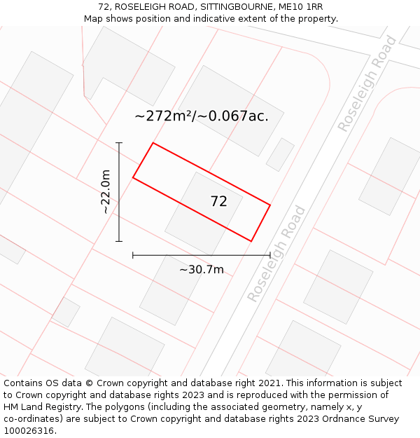 72, ROSELEIGH ROAD, SITTINGBOURNE, ME10 1RR: Plot and title map