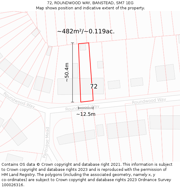 72, ROUNDWOOD WAY, BANSTEAD, SM7 1EG: Plot and title map