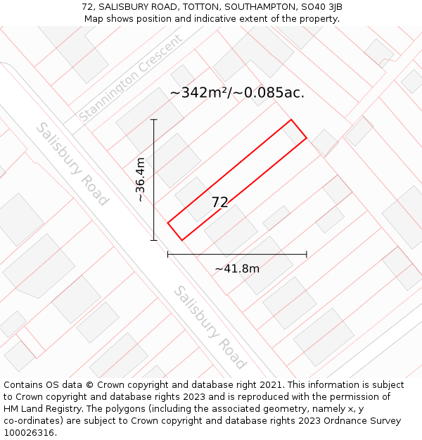 72, SALISBURY ROAD, TOTTON, SOUTHAMPTON, SO40 3JB: Plot and title map