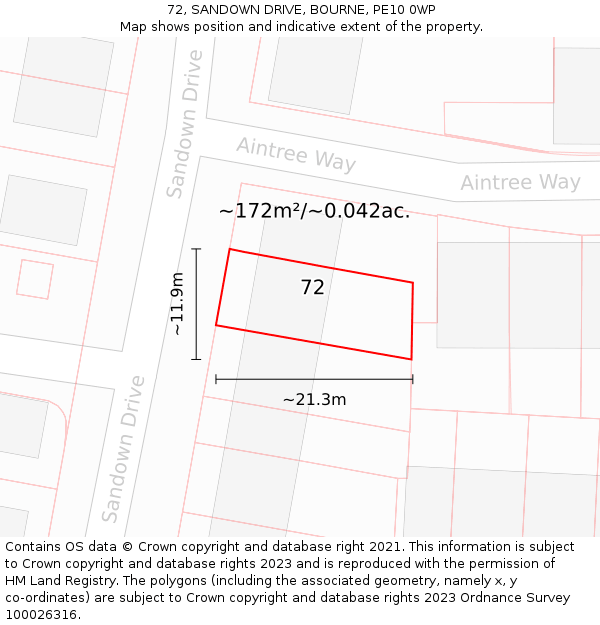 72, SANDOWN DRIVE, BOURNE, PE10 0WP: Plot and title map