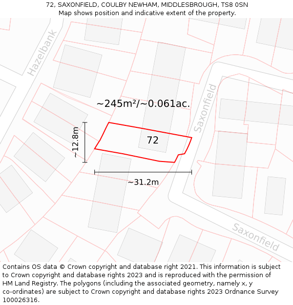 72, SAXONFIELD, COULBY NEWHAM, MIDDLESBROUGH, TS8 0SN: Plot and title map