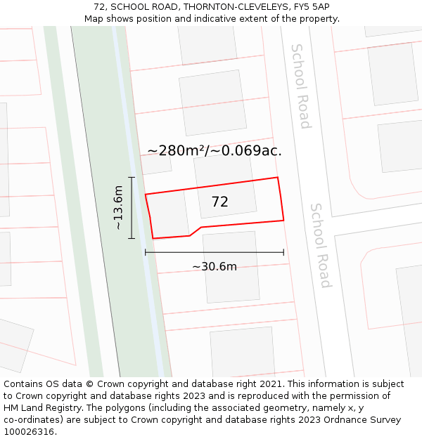 72, SCHOOL ROAD, THORNTON-CLEVELEYS, FY5 5AP: Plot and title map