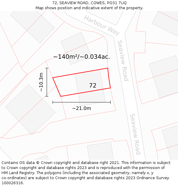 72, SEAVIEW ROAD, COWES, PO31 7UQ: Plot and title map