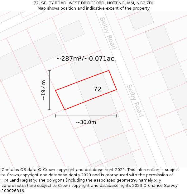 72, SELBY ROAD, WEST BRIDGFORD, NOTTINGHAM, NG2 7BL: Plot and title map