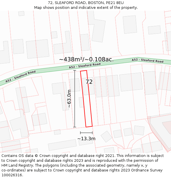 72, SLEAFORD ROAD, BOSTON, PE21 8EU: Plot and title map