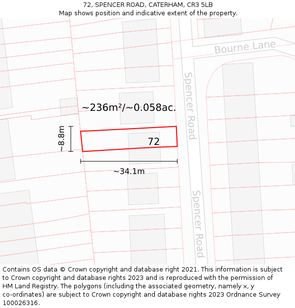 72, SPENCER ROAD, CATERHAM, CR3 5LB: Plot and title map