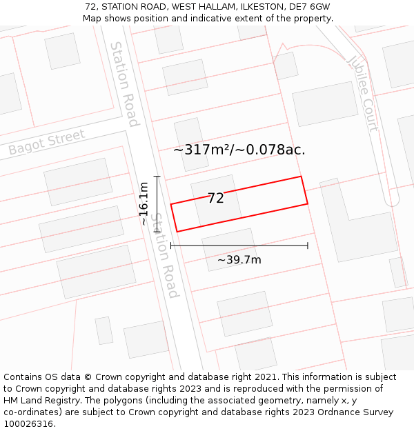 72, STATION ROAD, WEST HALLAM, ILKESTON, DE7 6GW: Plot and title map