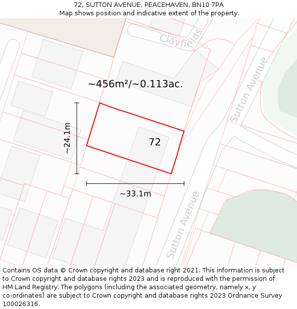 72, SUTTON AVENUE, PEACEHAVEN, BN10 7PA: Plot and title map