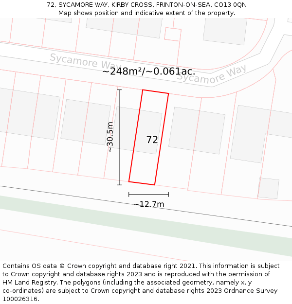 72, SYCAMORE WAY, KIRBY CROSS, FRINTON-ON-SEA, CO13 0QN: Plot and title map