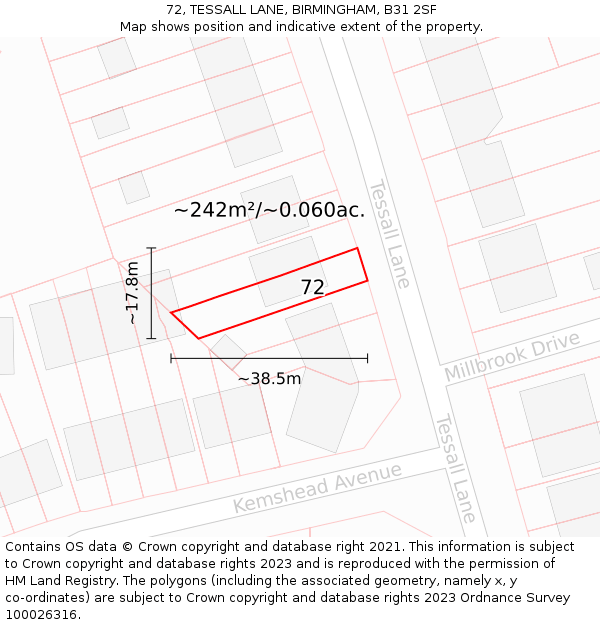 72, TESSALL LANE, BIRMINGHAM, B31 2SF: Plot and title map