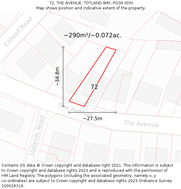 72, THE AVENUE, TOTLAND BAY, PO39 0DN: Plot and title map