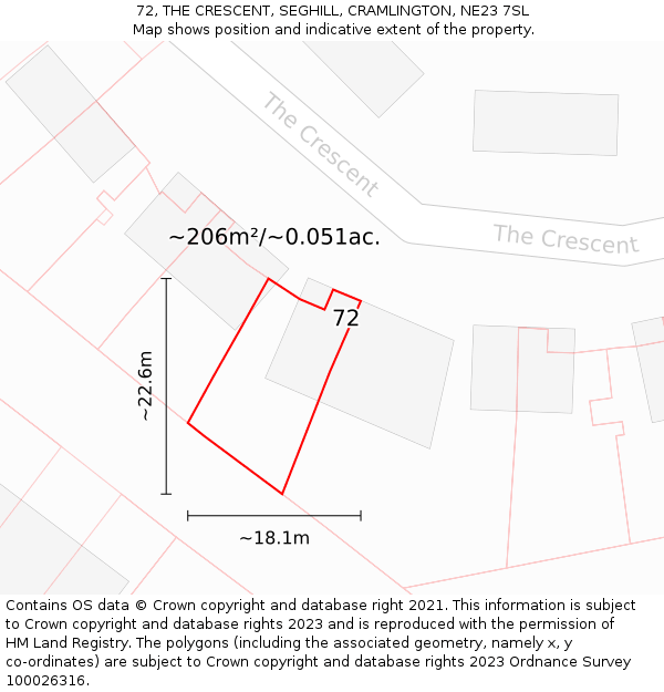 72, THE CRESCENT, SEGHILL, CRAMLINGTON, NE23 7SL: Plot and title map