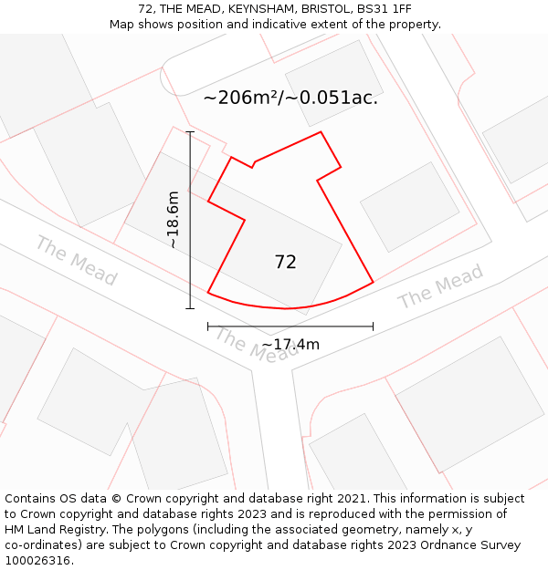 72, THE MEAD, KEYNSHAM, BRISTOL, BS31 1FF: Plot and title map