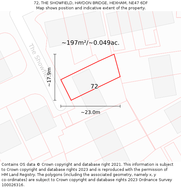 72, THE SHOWFIELD, HAYDON BRIDGE, HEXHAM, NE47 6DF: Plot and title map