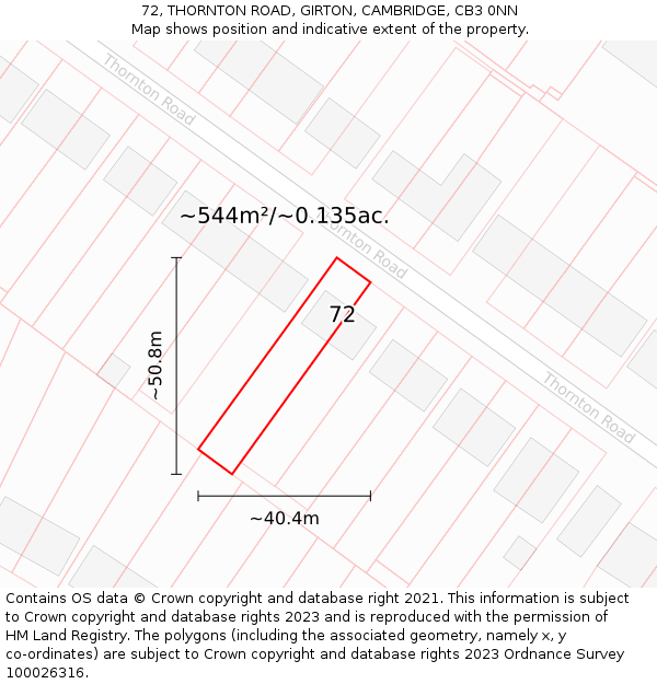 72, THORNTON ROAD, GIRTON, CAMBRIDGE, CB3 0NN: Plot and title map