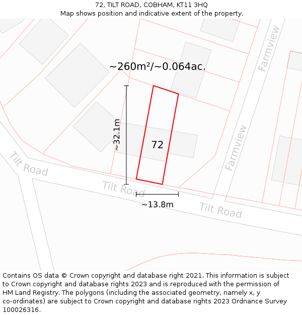 72, TILT ROAD, COBHAM, KT11 3HQ: Plot and title map