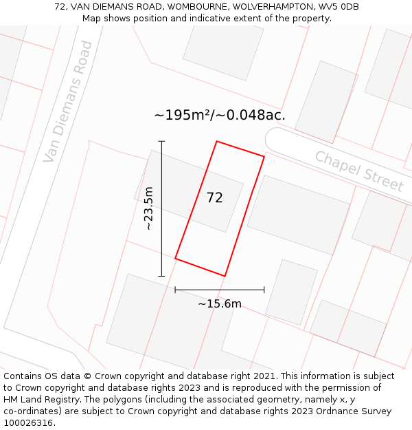 72, VAN DIEMANS ROAD, WOMBOURNE, WOLVERHAMPTON, WV5 0DB: Plot and title map