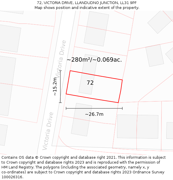 72, VICTORIA DRIVE, LLANDUDNO JUNCTION, LL31 9PF: Plot and title map