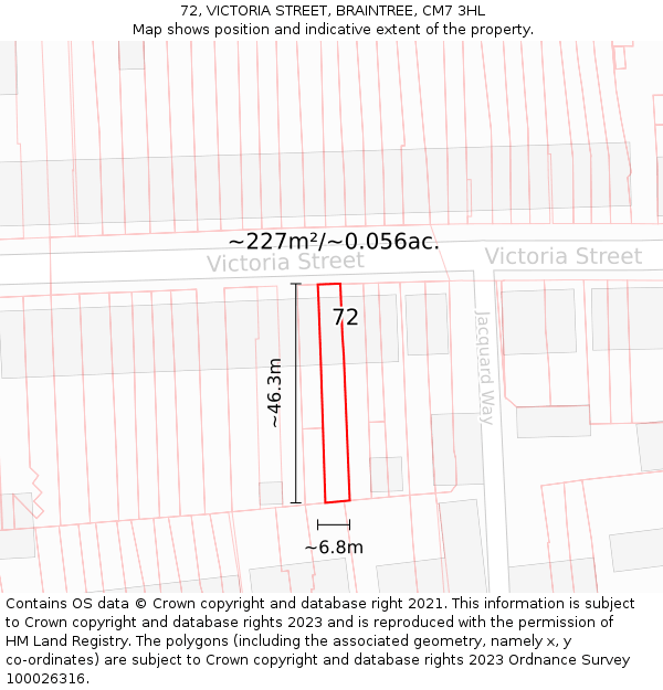 72, VICTORIA STREET, BRAINTREE, CM7 3HL: Plot and title map