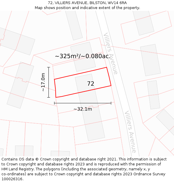 72, VILLIERS AVENUE, BILSTON, WV14 6RA: Plot and title map