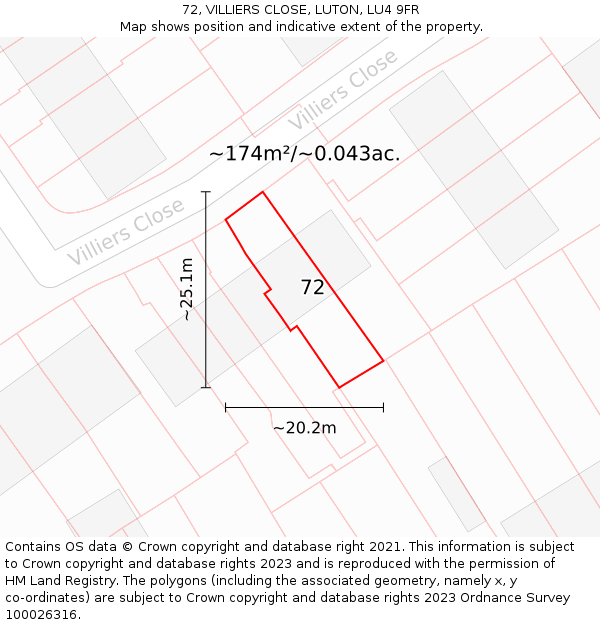 72, VILLIERS CLOSE, LUTON, LU4 9FR: Plot and title map