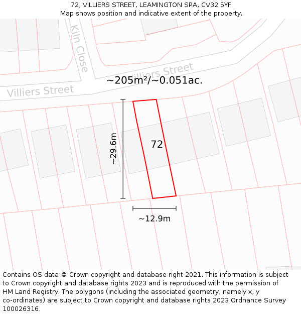 72, VILLIERS STREET, LEAMINGTON SPA, CV32 5YF: Plot and title map