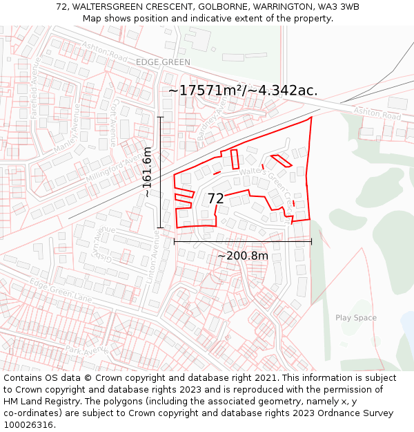 72, WALTERSGREEN CRESCENT, GOLBORNE, WARRINGTON, WA3 3WB: Plot and title map