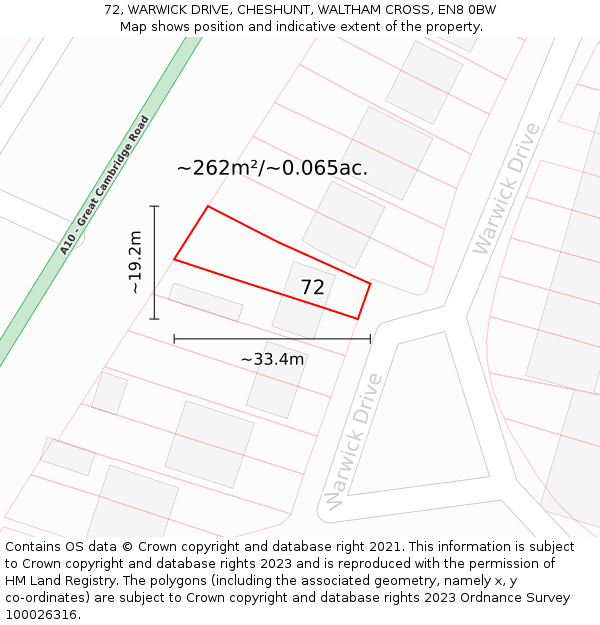 72, WARWICK DRIVE, CHESHUNT, WALTHAM CROSS, EN8 0BW: Plot and title map