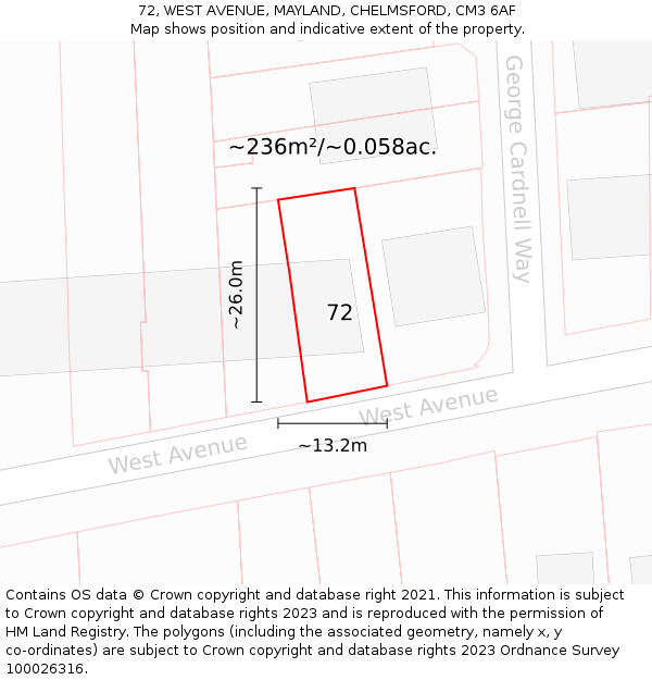 72, WEST AVENUE, MAYLAND, CHELMSFORD, CM3 6AF: Plot and title map