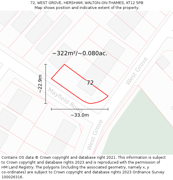 72, WEST GROVE, HERSHAM, WALTON-ON-THAMES, KT12 5PB: Plot and title map