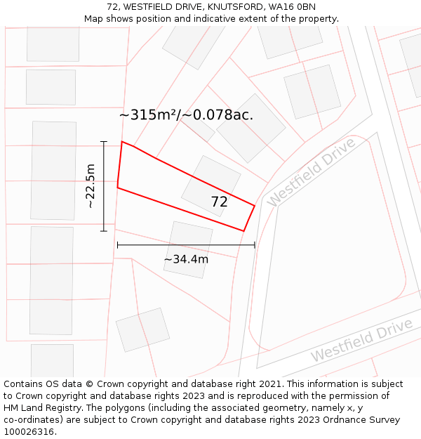 72, WESTFIELD DRIVE, KNUTSFORD, WA16 0BN: Plot and title map