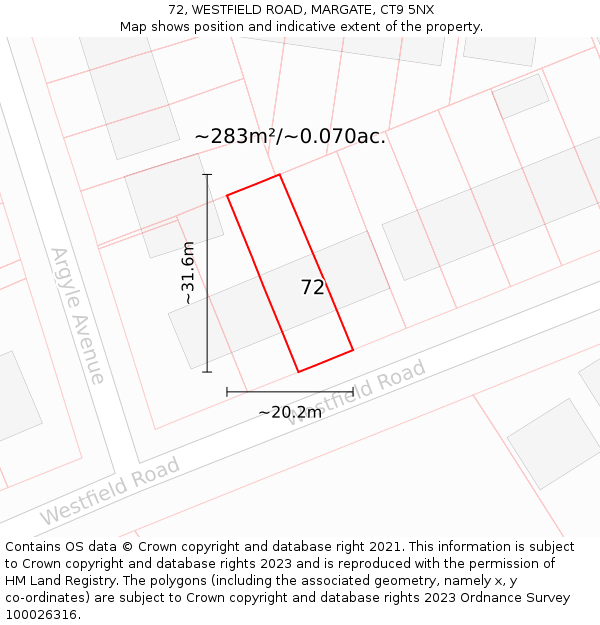 72, WESTFIELD ROAD, MARGATE, CT9 5NX: Plot and title map