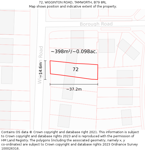 72, WIGGINTON ROAD, TAMWORTH, B79 8RL: Plot and title map