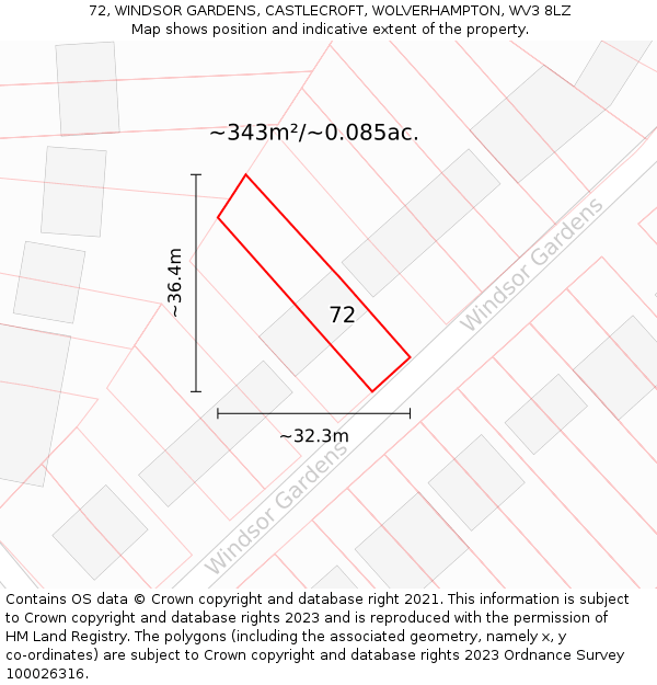 72, WINDSOR GARDENS, CASTLECROFT, WOLVERHAMPTON, WV3 8LZ: Plot and title map