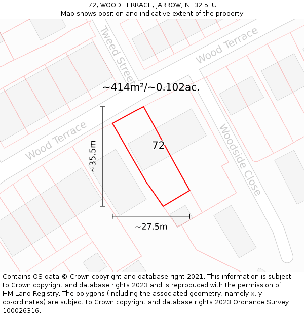 72, WOOD TERRACE, JARROW, NE32 5LU: Plot and title map