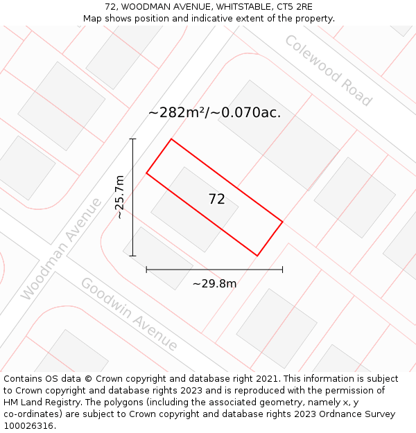 72, WOODMAN AVENUE, WHITSTABLE, CT5 2RE: Plot and title map