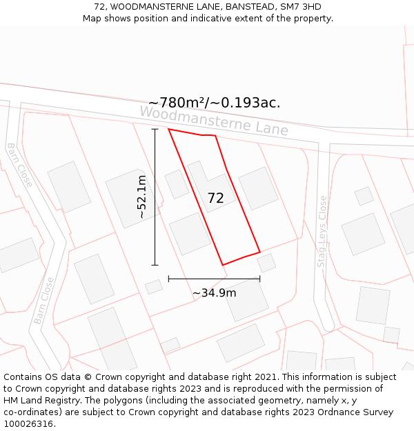 72, WOODMANSTERNE LANE, BANSTEAD, SM7 3HD: Plot and title map