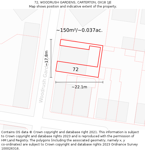 72, WOODRUSH GARDENS, CARTERTON, OX18 1JE: Plot and title map